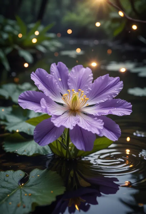 (medium full shot) of (delicate flower) with violet petals, ruffled shaped flower, veined, spicy scent, surrounded by glowing fi...