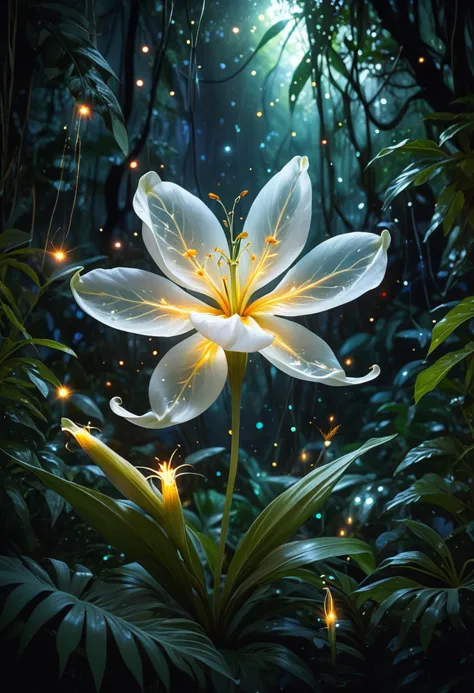 (medium full shot) of (ethereal flower) with white petals, tubular shaped flower, marbled, citrusy scent, surrounded by glowing fireflies, located in  a vibrant jungle, with blooming flowers, ethereal light, peaceful setting, colorful plants, at dawn, ,Masterpiece,best quality, raw photo, realistic, very aesthetic, dark