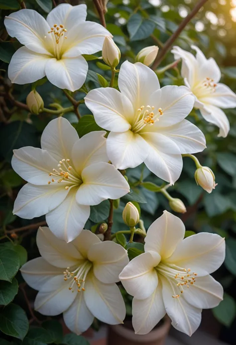 (medium full shot) of (fragrant flower) with cream petals, tubular shaped flower, marbled, fresh scent, entangled with delicate ...