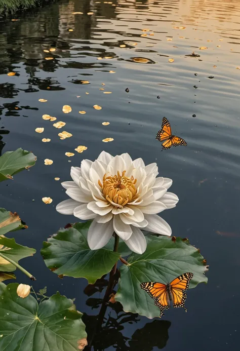 (medium full shot) of (mesmerizing flower) with gold petals, ruffled shaped flower, striped, honey-like scent, accompanied by bu...