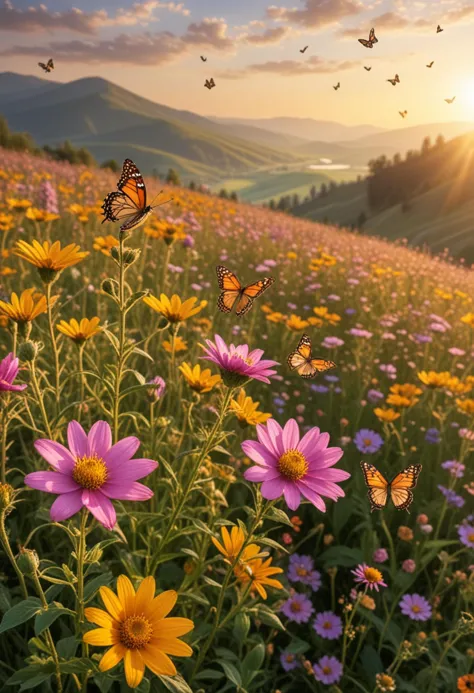 (medium full shot) of (resplendent flower) with gold petals, bell shaped flower, speckled, musky scent, accompanied by butterfli...