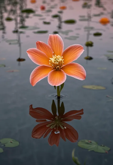 (medium full shot) of (whimsical flower) with orange petals, bell shaped flower, solid color, floral scent, dewdrops on petals, located in  an ancient lake, with resilient blooms, still waters, tranquil light, serene ambiance, during twilight, ,Masterpiece,best quality, photo, realistic, very aesthetic