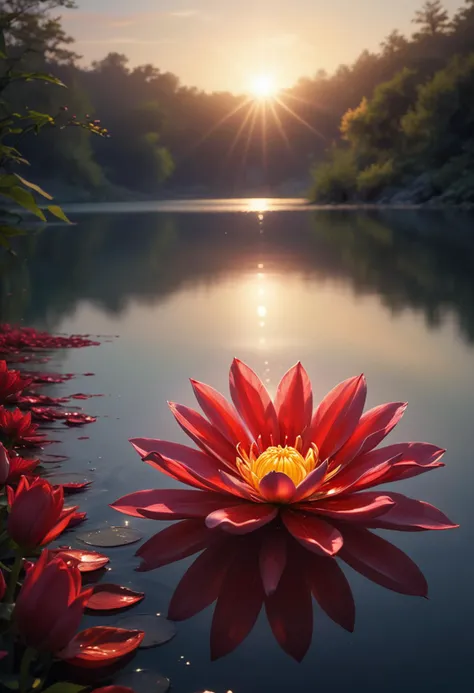 (medium full shot) of (radiant flower) with red petals, tubular shaped flower, veined, earthy scent, surrounded by shimmering light, located in  a vibrant lake, with colorful flowers around the shore, gentle ripples, soft light, serene setting, at dawn, ,Masterpiece,best quality, raw photo, realistic, very aesthetic, dark