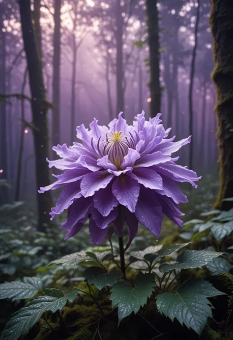 (medium full shot) of (fragrant flower) with violet petals, ruffled shaped flower, gradient, musky scent, glittering pollen, located in  a dense mystical forest, with towering trees, glowing flora, ethereal mist, magical wildlife, Masterpiece,best quality, photo, realistic, very aesthetic,