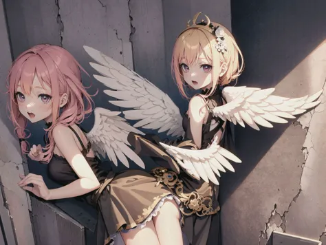 anime girl with wings standing next to a wall