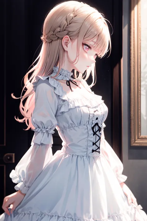 cute lolita fashion,  medium breasts, frilled dress, masterpiece, portrait, french braid, pink eyes, profile