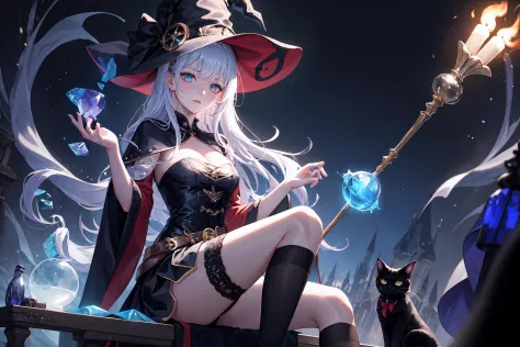 masterpiece, best quality, 1girl, witch, black_witch_hat, broomstick, seductive_expression, mysteriously_beautiful, glamorous, a...