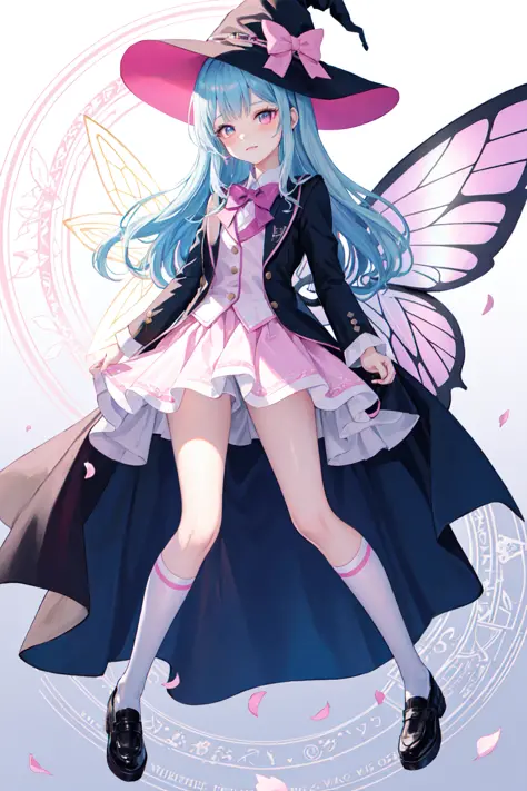 lineart, pink theme, masterpiece, magnum opus artwork of royal girl, detailed visual art, elegant, fairy, blazer, miniskirt, microskirt, witch hat, fairy wings, bare legs,  (gradient background:1.0) (sky blue hair:1.0), , hime cut,bangs, (pink eyes:1.0), (ulzzang-6500-v1.1:0.9), feathered wings, blush, fairy, school uniform, flower petals, mystical, shiny skin, magical girl, magic circle, devine force, fairy wings, fairy, butterfly, ribbon, frills breathtaking