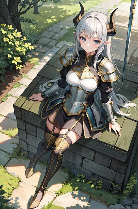 (masterpiece), best quality, 1 girl, solo, knight, armor, horns, forest, (sword on back),