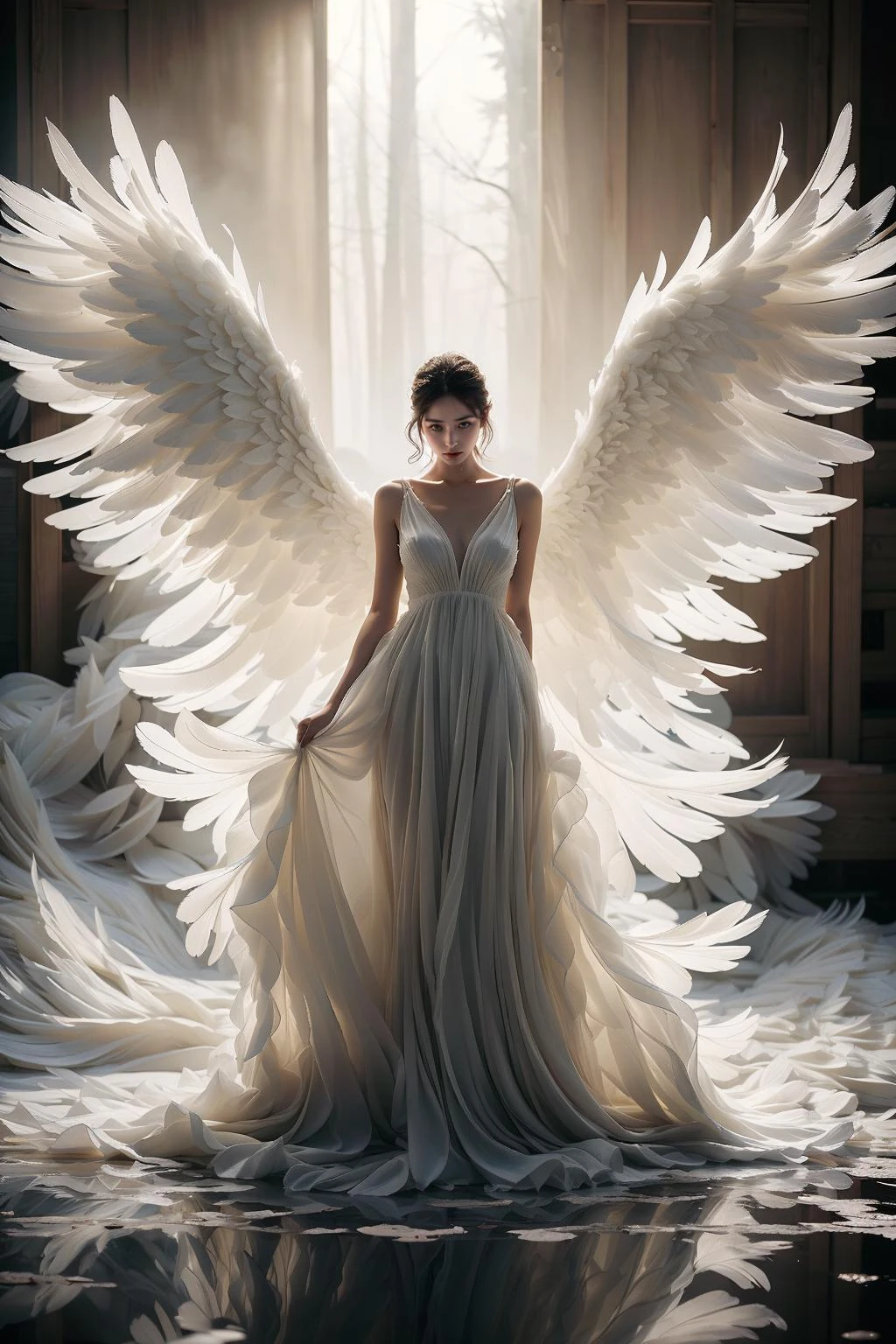 photorealistic,realistic,photography,masterpiece,best quality,ultra-detailed,1girl,full body,water,dress,wings,