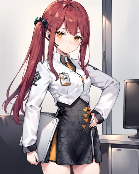 anime girl with long red hair and a white shirt and black shorts