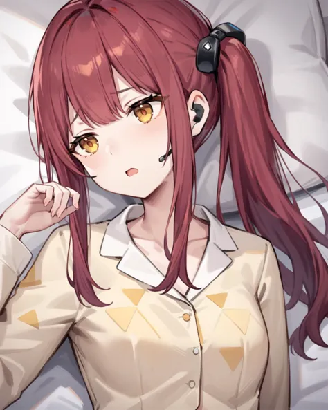 anime girl with long red hair laying in bed with white sheets