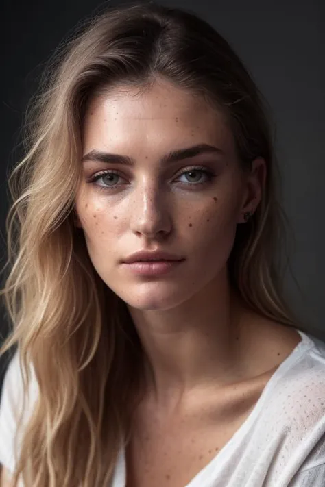 a photo of a seductive Caucasian/White woman with loose styled hair, bored, she is wearing a T-Shirt and Dress pants, , mascara, (textured skin, skin pores:1.2), (moles:0.8), (imperfect skin:1.1), intricate details, goosebumps, flawless face, (light freckl...