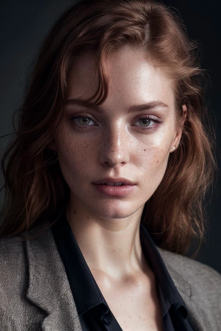a photo of a seductive woman with loose styled redhead hair, bored, she is wearing Blazer and Printed pants, , mascara, (textured skin, skin pores:1.2), (moles:0.8), (imperfect skin:1.1), intricate details, goosebumps, flawless face, (light freckles:0.9), ((photorealistic):1.1), (raw, 8k:1.2), dark, muted colors, slate atmosphere