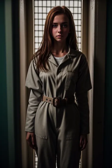 3/4 shot portrait of a young woman wearing coverall with belt, in front of a prison cell, muted color, cinematic, grain, sharp f...