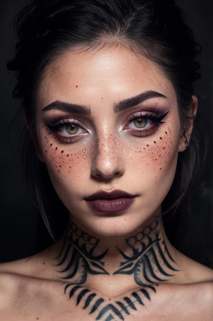 a photo of a seductive woman, (she is wearing egirl makeup:1.2), mascara, (tattoos:1.1), (textured skin, skin pores:1.1), (moles:0.8), imperfect skin, goosebumps, flawless face, (light freckles:0.9), ((photorealistic):1.1), (raw, 8k:1.2), dark, muted colors, slate atmosphere, geyser background,  
