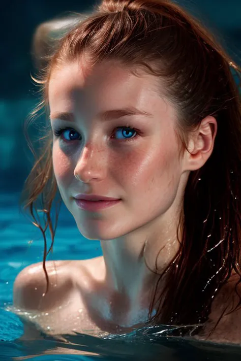 (CR-EmilyBloom-Denche354:0.99), full color (face closeup:1.4) portrait of young woman submerge in water, wet hair, (tilted head ...