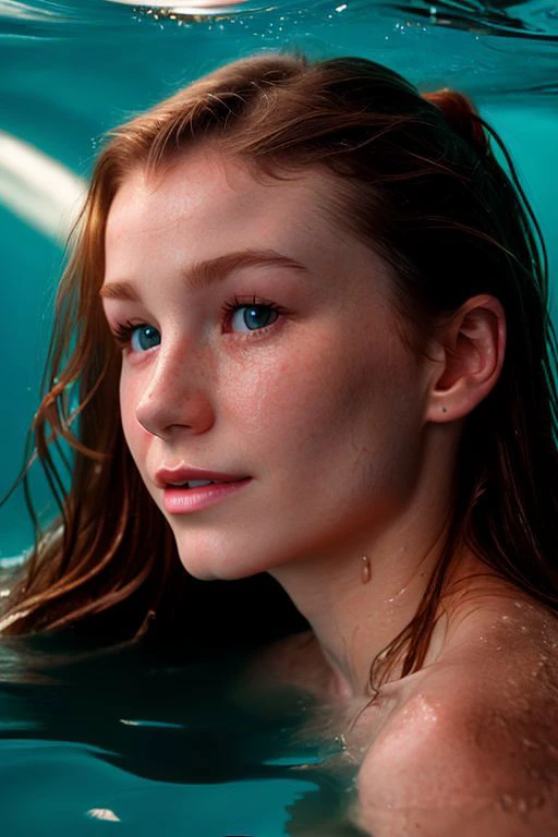 (CR-EmilyBloom-Denche354:0.99), 饱满的色彩 (脸部特写:1.2) 年轻女子肖像浸入水中, 湿的头发, (歪头姿势:1.2), (倾斜角度拍摄:1.2),
