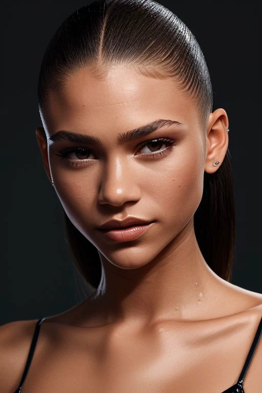 (CR-Z3ndaya-JernauGurgeh:0.9), portrait of extremely sexy woman, grey background, (oiled shiny skin:1.0), (slick hair:1.0), (tilted angle shot:1.3), (tilted head pose:1.3),