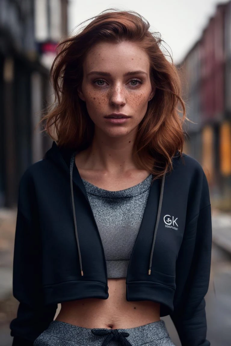 a photo of a seductive woman with loose styled redhead hair, bored, she is wearing a (cropped hoodie:1.2) that ends above her belly button, (textured skin, skin pores), (moles:0.8), imperfect skin, goosebumps, flawless face, (light freckles:0.9), ((photorealistic):1.1), (raw, 8k:1.3), dark, muted colors, slate atmosphere, 