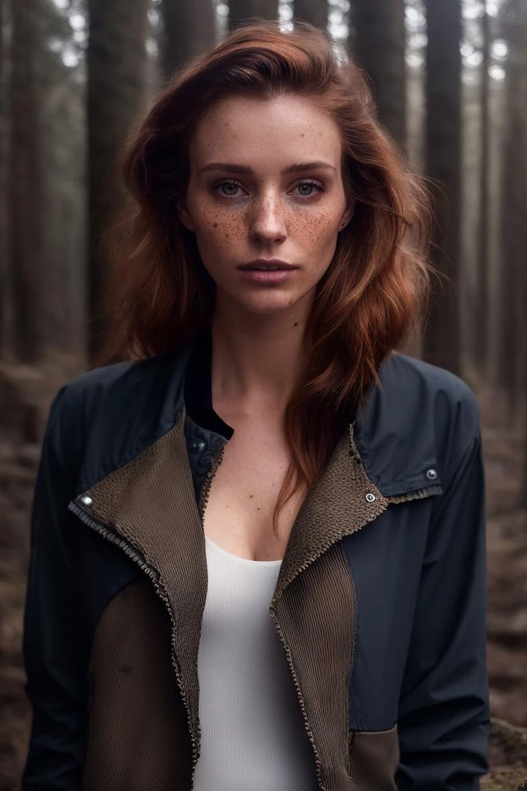 a photo of a seductive woman with loose styled redhead hair, bored, (she is standing in a forest:1.2), ((photorealistic):1.1), (raw, 8k:1.3), dark, muted colors, slate atmosphere, 