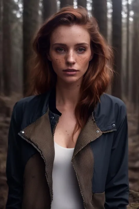 a photo of a seductive woman with loose styled redhead hair, bored, (she is standing in a forest:1.2), ((photorealistic):1.1), (raw, 8k:1.3), dark, muted colors, slate atmosphere, <lora:to8contrast-1-5:0.4>, <lora:LowRa:0.3>