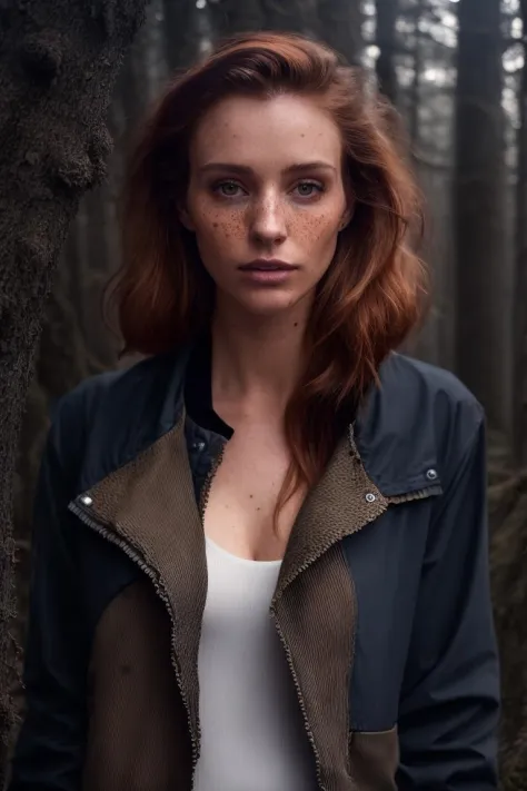 a photo of a seductive woman with loose styled redhead hair, bored, (she is standing in a dark forest:1.2), ((photorealistic):1....