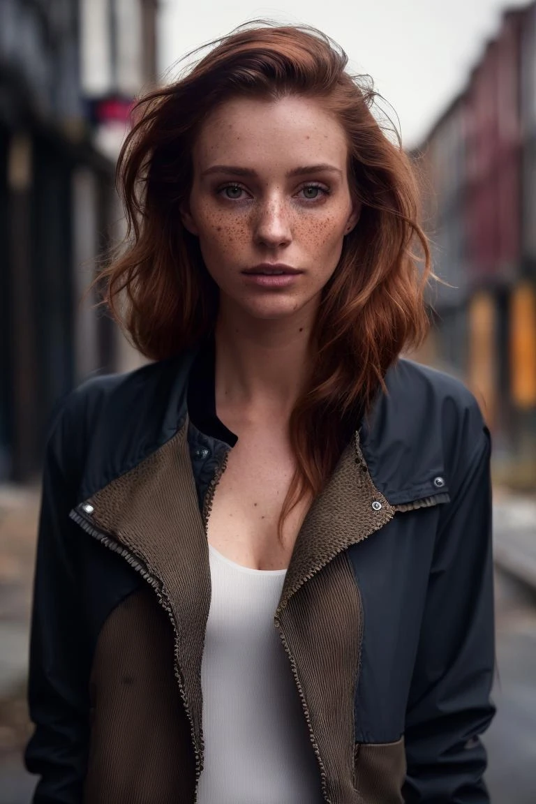 une photo d&#39;une femme séduisante avec des cheveux rousses amples et coiffés, ennuyé, (she is wearing a sombre jacket:1.2), (Peau texturée, pores de la peau), ((photoréaliste):1.1), (brut, 8k:1.3), sombre, couleurs sourdes, ambiance ardoise, 