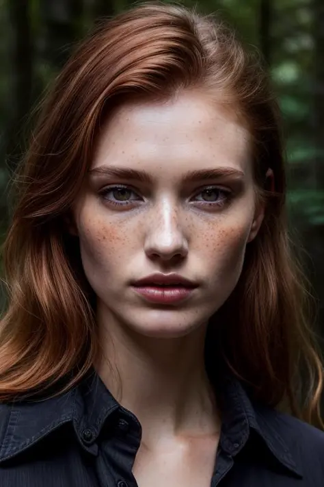 a photo of a seductive woman with loose styled redhead hair, posing in a forest, bored, she is wearing Button-up Shirt and Trousers, mascara, , (textured skin, skin pores:1.1), (moles:0.8), (imperfect skin:1.1) intricate details, goosebumps, flawless face,...