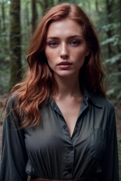 a photo of a seductive woman with loose styled redhead hair, posing in a forest, bored, she is wearing Button-up Shirt and Dress...