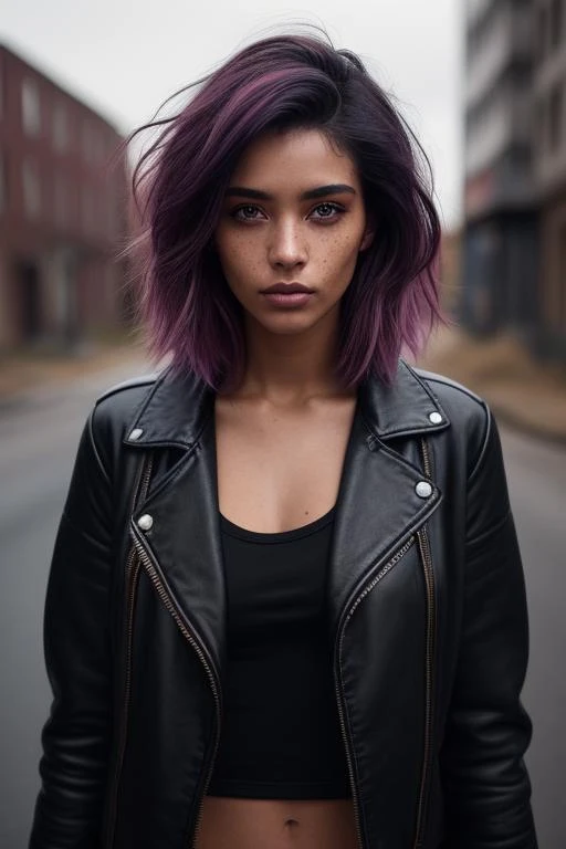 a photo of a seductive woman with loose styled colored hair, she is wearing a hoodie and black leather jacket, she is standing in the middle of an abandoned street, mascara, (textured skin, skin pores), (moles:0.8), imperfect skin, goosebumps, flawless face, (light freckles:0.9), ((photorealistic):1.1), (raw, 8k:1.3), dark, muted colors, slate atmosphere