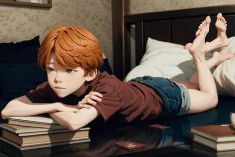 anime style, child, solo focus, dark brown eyes, a young boy laying on a bed reading a book,reading, casual shirt, feet up, ron ...