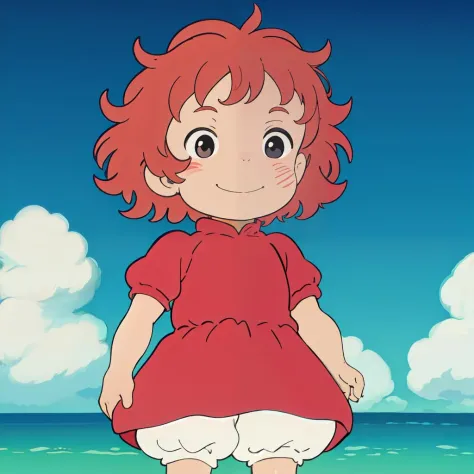 Masterpiece, ultra detailed,1girl, child, flat chest, (solo),short hair, standing, <lora:Ponyo:0.8>, cinematic,curly hair, red d...