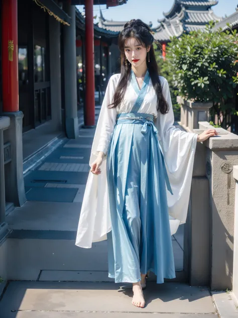 8K raw photo,Best quality,masterpiece,ultra high res,aGirl,full body,((Hanfu :1.5)),((classical architecture)),Chinese culture t...