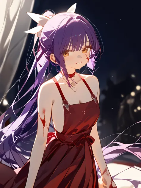 anime girl in a red dress with long purple hair