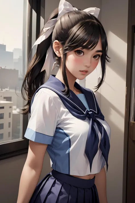 anime girl in uniform standing in front of a window with a city view