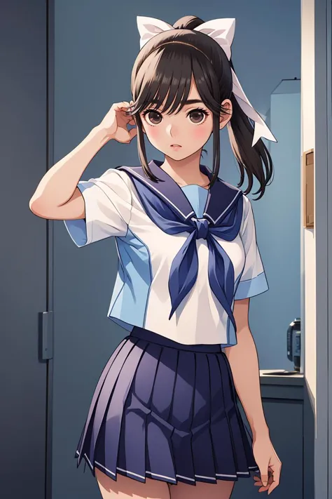 anime girl in a school uniform standing in front of a door