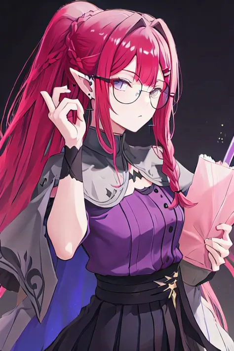 anime girl with red hair and glasses holding a pink book