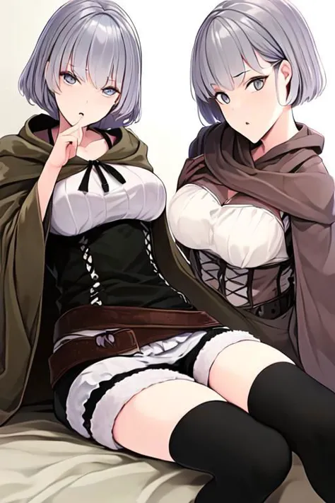 anime - style image of two women dressed in costumes sitting on a bed