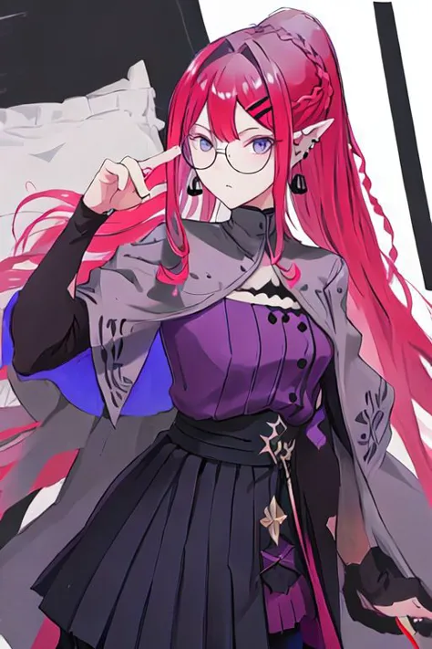 anime girl with long red hair and glasses holding a sword