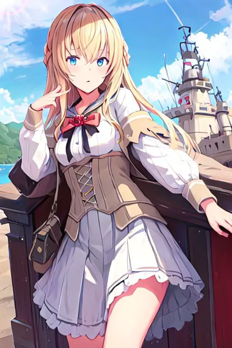 anime girl in uniform standing on a pier with a ship in the background