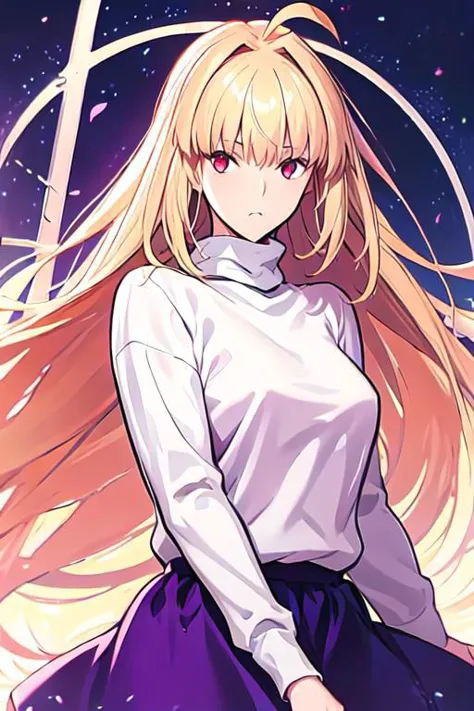 anime girl with long blonde hair and white shirt standing in front of a star filled sky