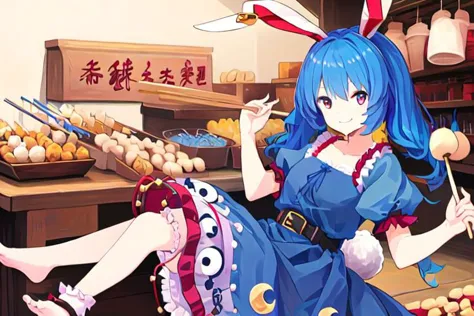 dumplings, skewered, dango, 
seiran_\(touhou\), 1girl, dress, blue_hair, rabbit_ears, red_eyes, twintails, ear_tag, solo, frilled_dress, short_sleeves, earclip, bloomers, barefoot, puffy_sleeves, crescent, stain, puffy_short_sleeves, star_symbol, smile, rabbit_tail, mallet, kine, animal_ears, belt, long_hair, collarbone, blue_dress, crescent_print, star_print,