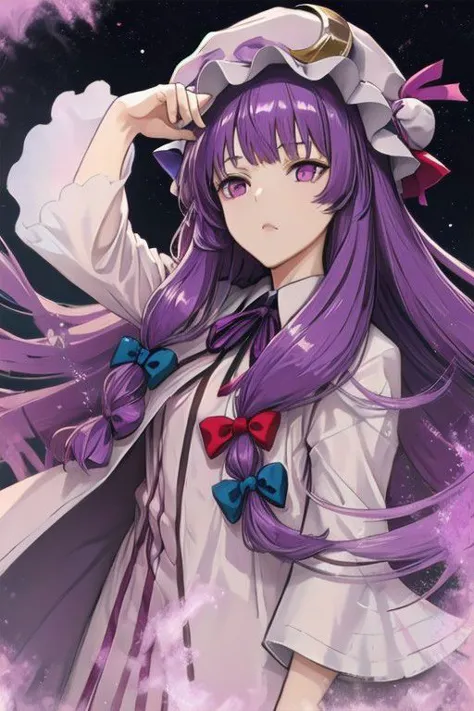 a woman with long purple hair wearing a white shirt and bow tie