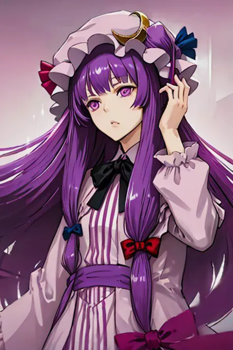 patchouli_knowledge, 1girl, solo, purple hair, purple eyes, long hair, mob cap, crescent hat ornament,