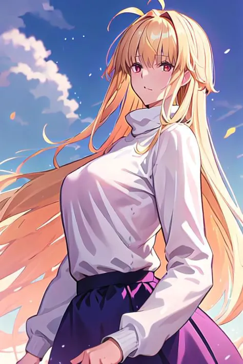 anime girl with long blonde hair and white shirt holding a sword