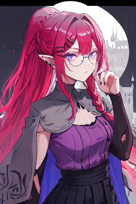 anime girl with red hair and glasses standing in front of a castle