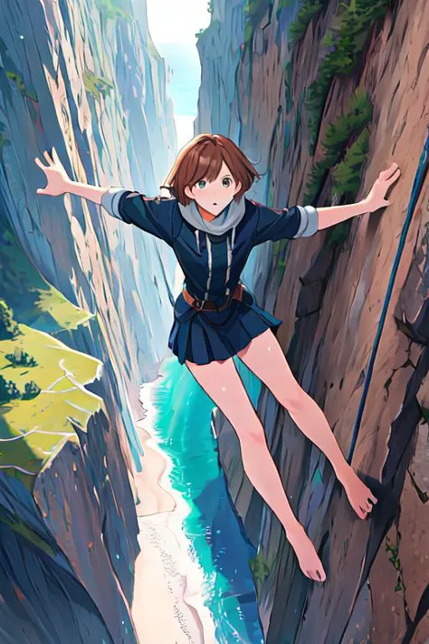 anime girl flying over a cliff with her arms outstretched