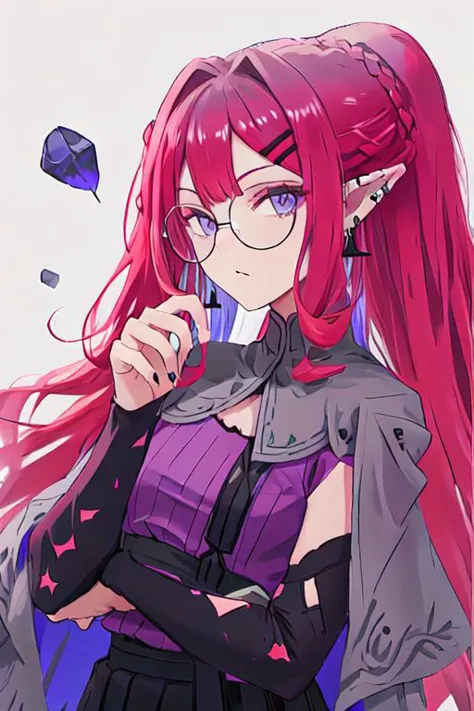 Baobhan Sith\(fate\), bangs, glasses, pointy ears, sidelocks, braid, french braid, ponytail, jewelry, earrings, black high-waist skirt, hairclip, detached sleeves, pantyhose, purple shirt, capelet