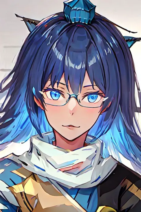 a close up of a person with blue hair and glasses